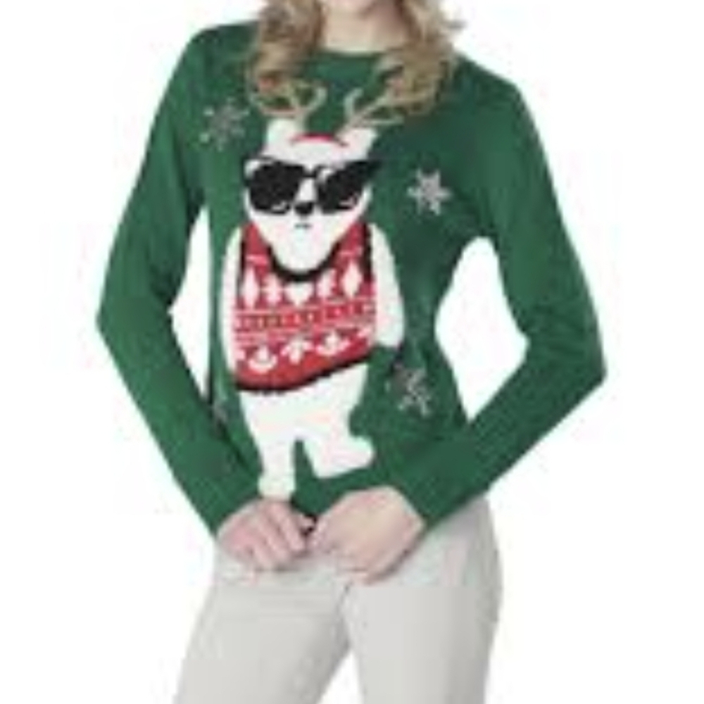 Forever 21 Winter Holiday Cool Reindeer Sequin Snowflakes Knitted Sweater Size L